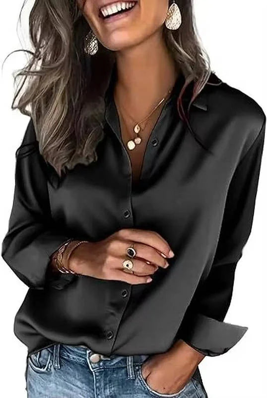 Black Women's Satin Silk Blouse — Harper Business Casual Button-Front Long Sleeve - Front Pose