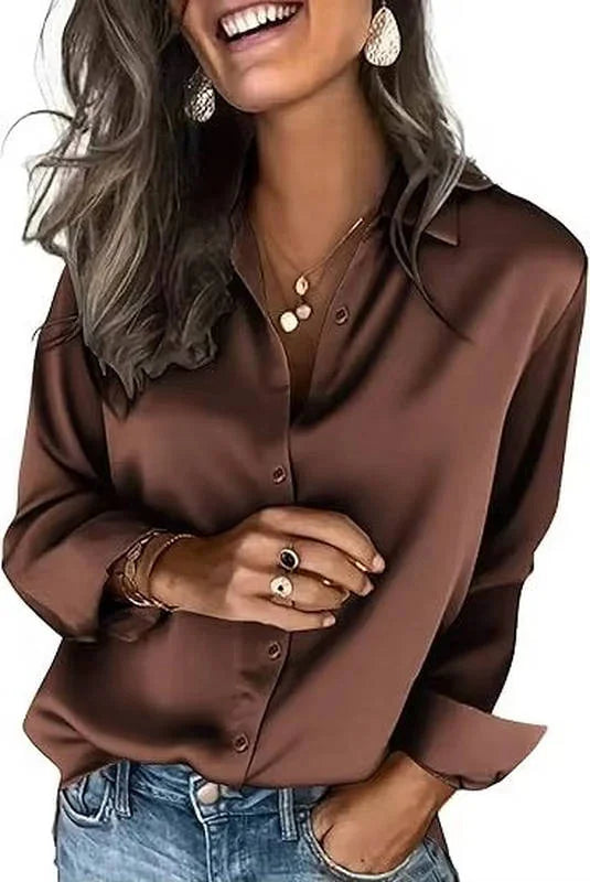 Brown Women's Satin Silk Blouse — Harper Business Casual Button-Front Long Sleeve - Front Detail