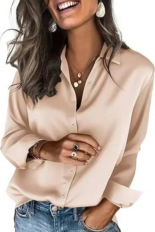 Champagne Women's Satin Silk Blouse — Harper Business Casual Button-Front Long Sleeve - Front Smile