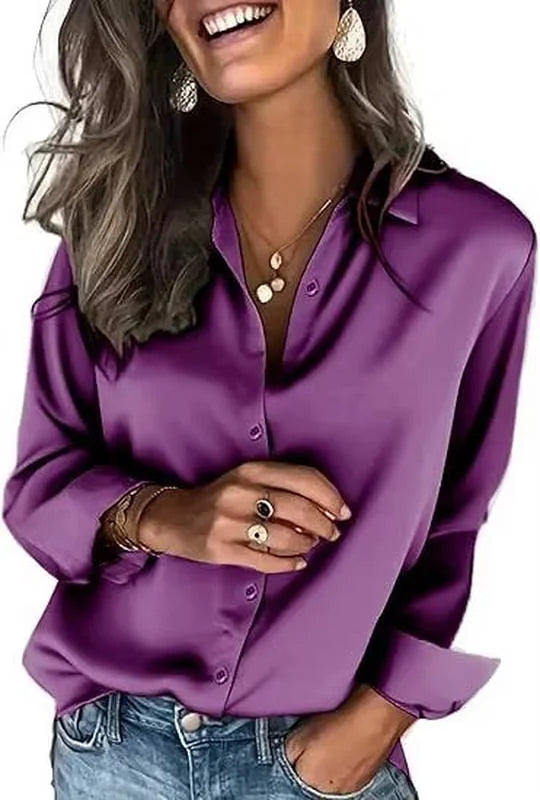 Purple Women's Satin Silk Blouse — Harper Business Casual Button-Front Long Sleeve - Front Solid
