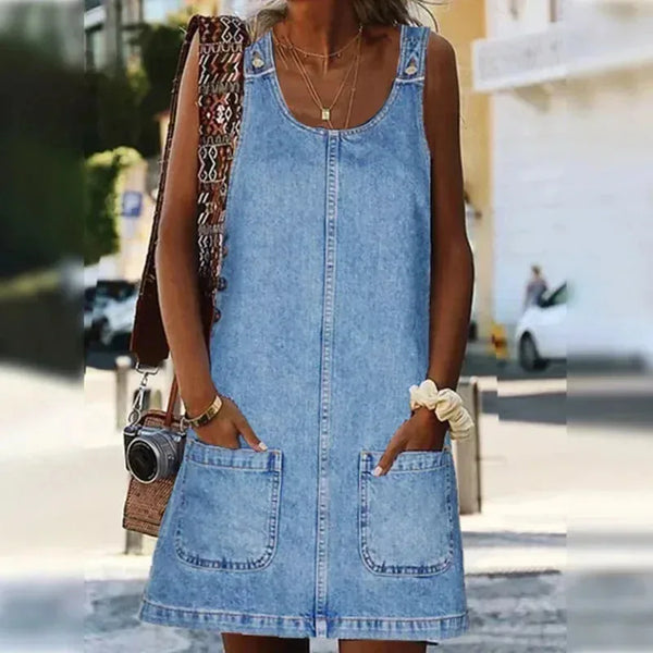 Sofia | Practical Sleeveless Denim Dress With Pockets