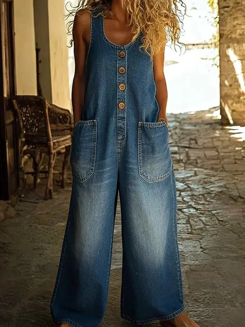 Blue Women's Sleeveless Denim Overalls — Roisin Relaxed Button-Front Wide-Leg - Front Closeup