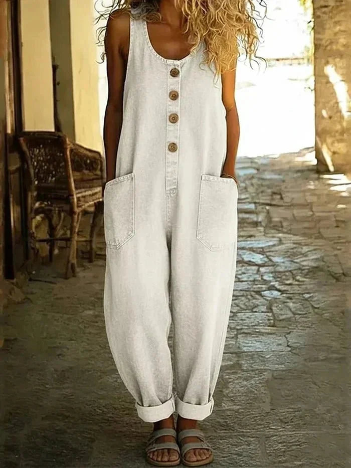 White Women's Sleeveless Denim Overalls — Roisin Relaxed Button-Front Wide-Leg - Front Worn