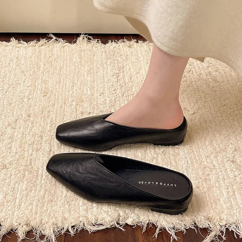 Black Women's Square Toe Leather Flats — Felicity Polished Block Heel Mules - Worn Lifestyle