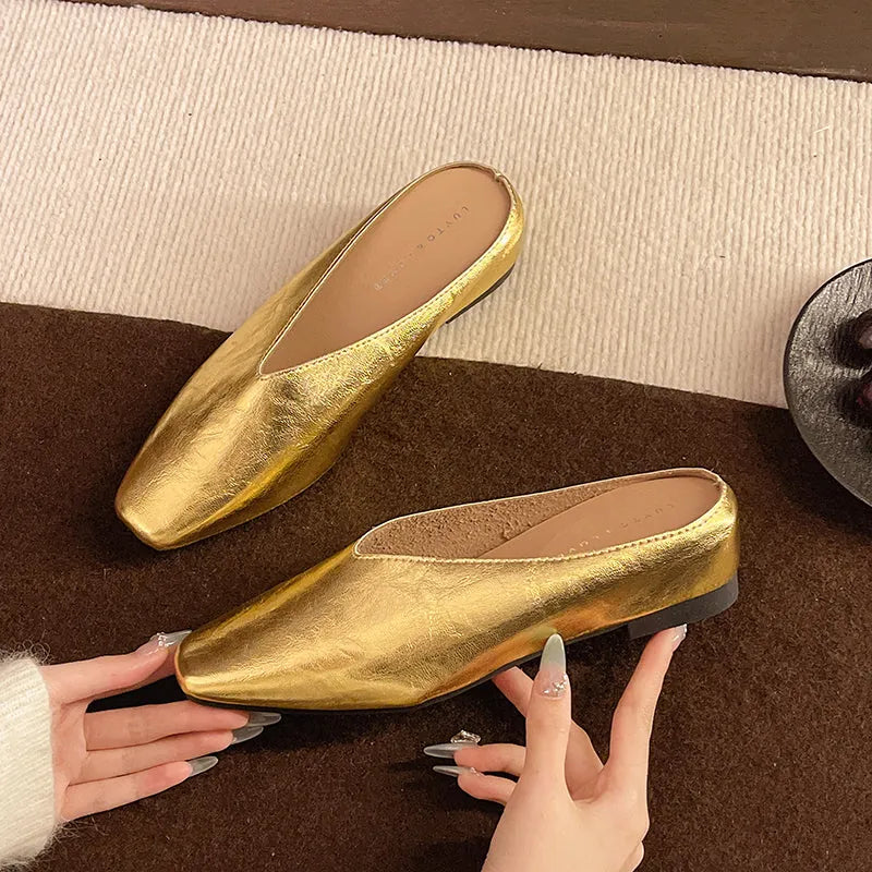 Gold Women's Square Toe Leather Flats — Felicity Polished Block Heel Mules - Hand Hold Pair