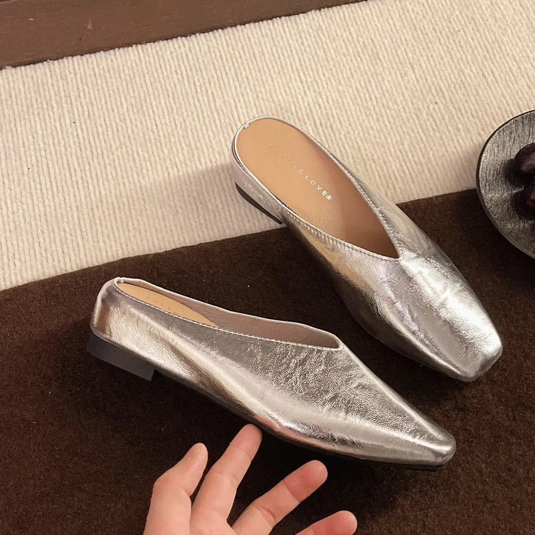 Silver Women's Square Toe Leather Flats — Felicity Polished Block Heel Mules - Flat Lay Hand Touch