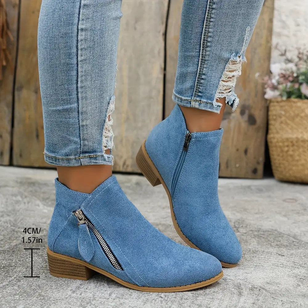 Blue Women's Suede Ankle Boots — Annabelle Rounded-Toe Side-Zip Stacked-Heel - Measurement Detail
