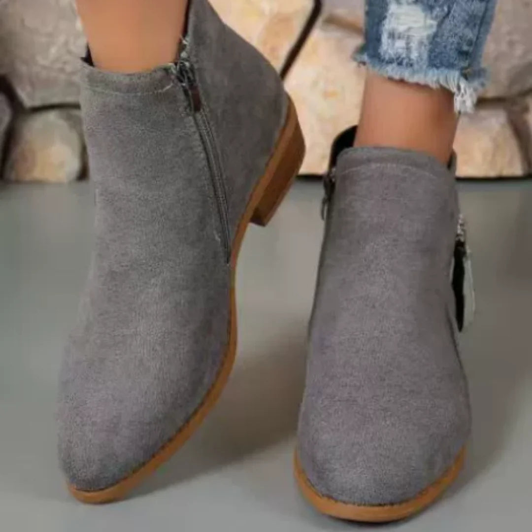 Gray Women's Suede Ankle Boots — Yasmin Zip-Up Block Heel Pointed Toe - Close Up Heel Detail
