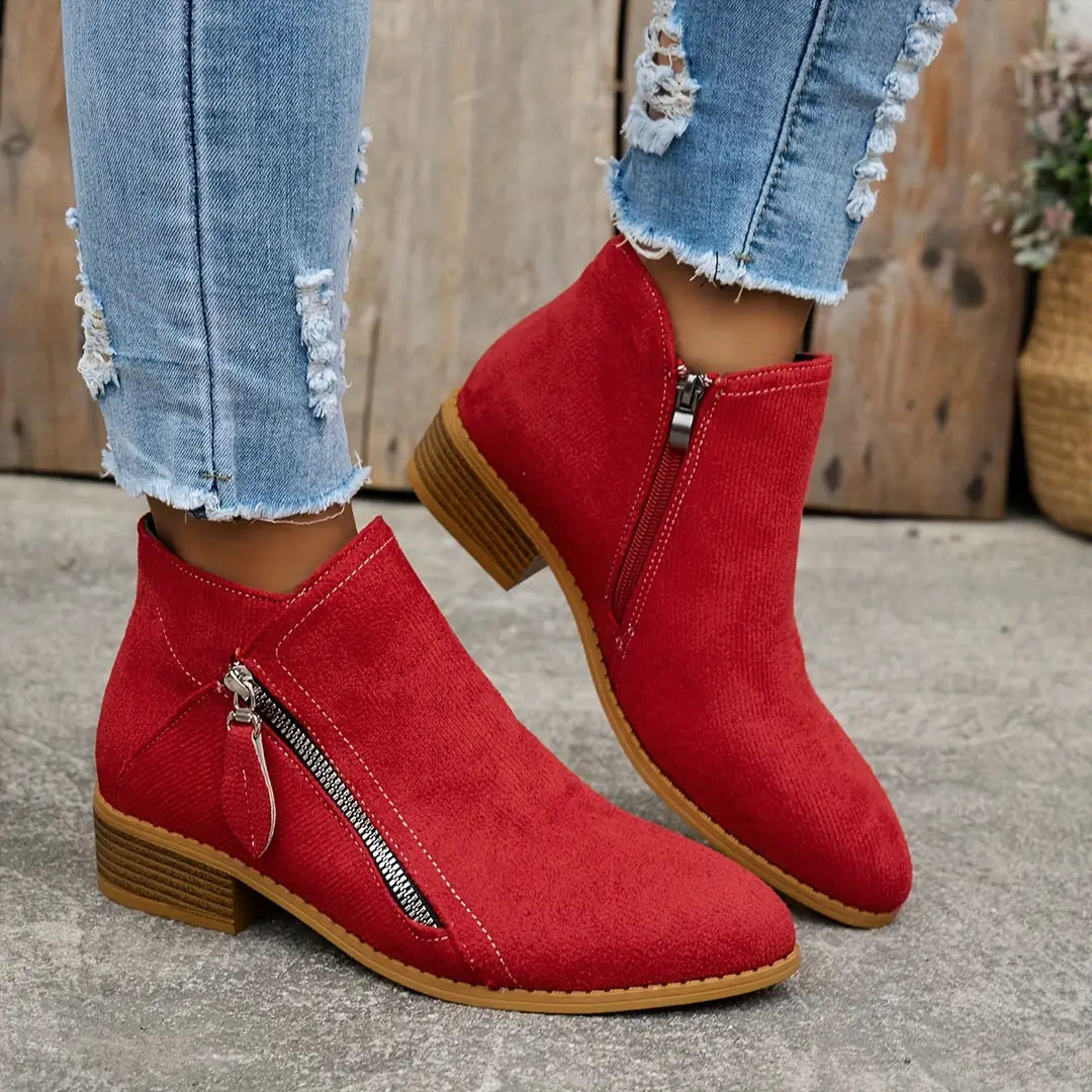 Red Women's Suede Ankle Boots — Annabelle Rounded-Toe Side-Zip Stacked-Heel - Front Full Outdoor