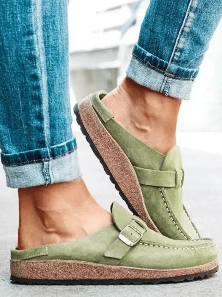 Sage Women's Buckle Strap Comfort Clogs — Olive Suede Slip-On Mules - Side Detail