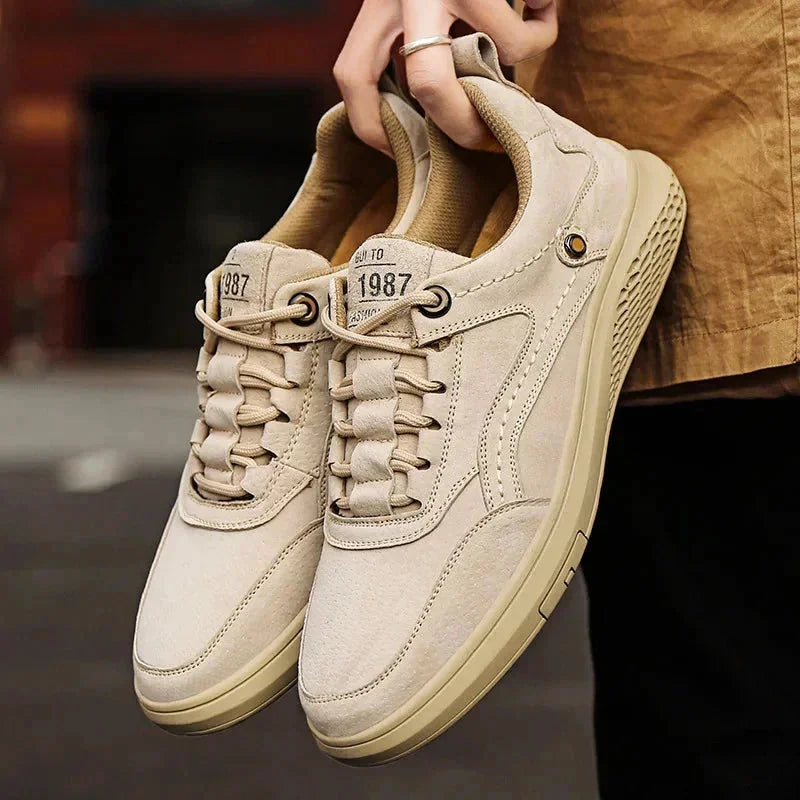 Beige Men's Walking Sneakers Suede Low-Top — Emmett Cushioned Lace-Up Casual - Held Front