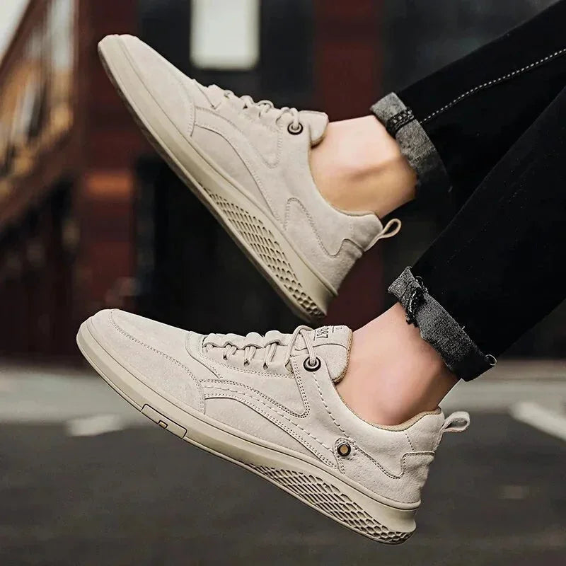 Beige Men's Walking Sneakers Suede Low-Top — Emmett Cushioned Lace-Up Casual - Jump Action