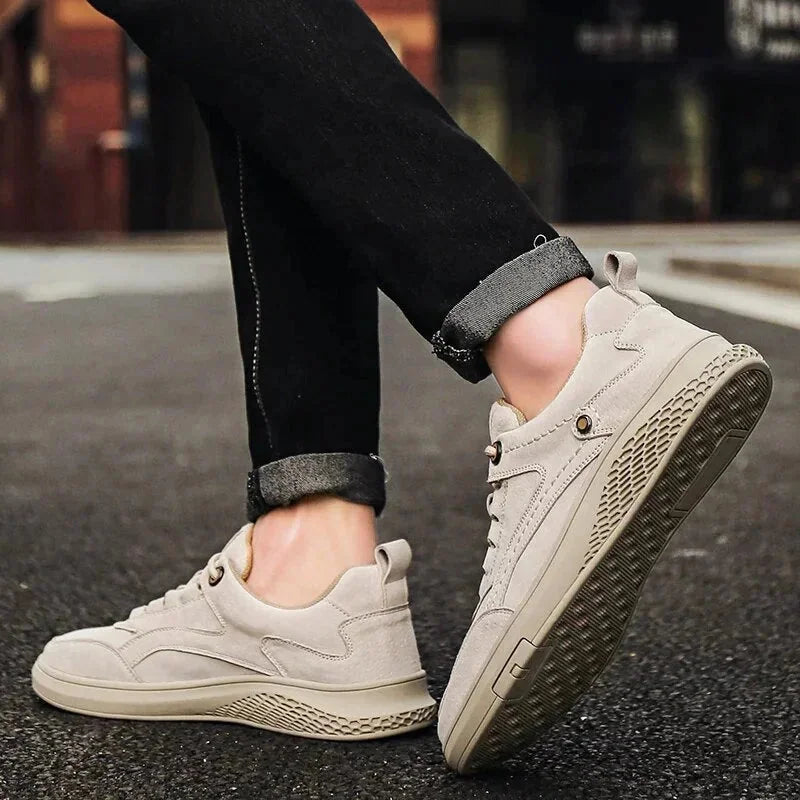 Beige Men's Walking Sneakers Suede Low-Top — Emmett Cushioned Lace-Up Casual - Worn Walking