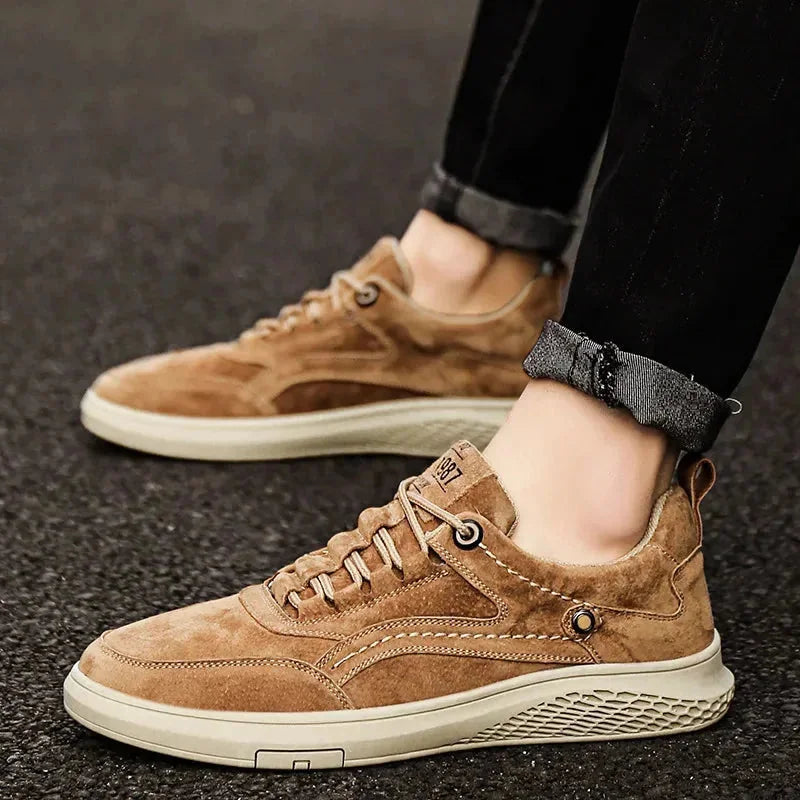 Brown Men's Walking Sneakers Suede Low-Top — Emmett Cushioned Lace-Up Casual - Side Close Up