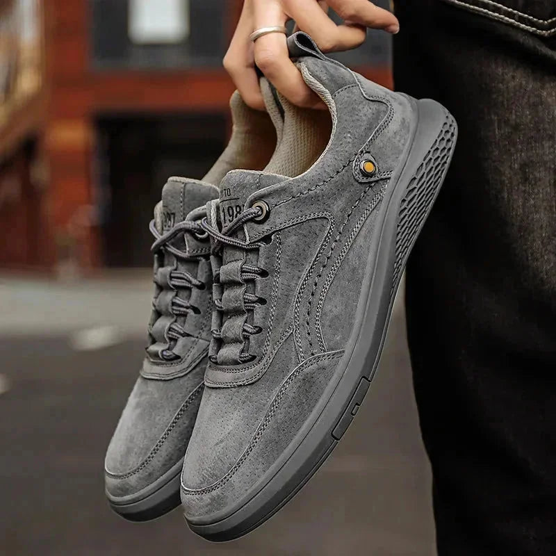 Gray Men's Walking Sneakers Suede Low-Top — Emmett Cushioned Lace-Up Casual - Front Hero