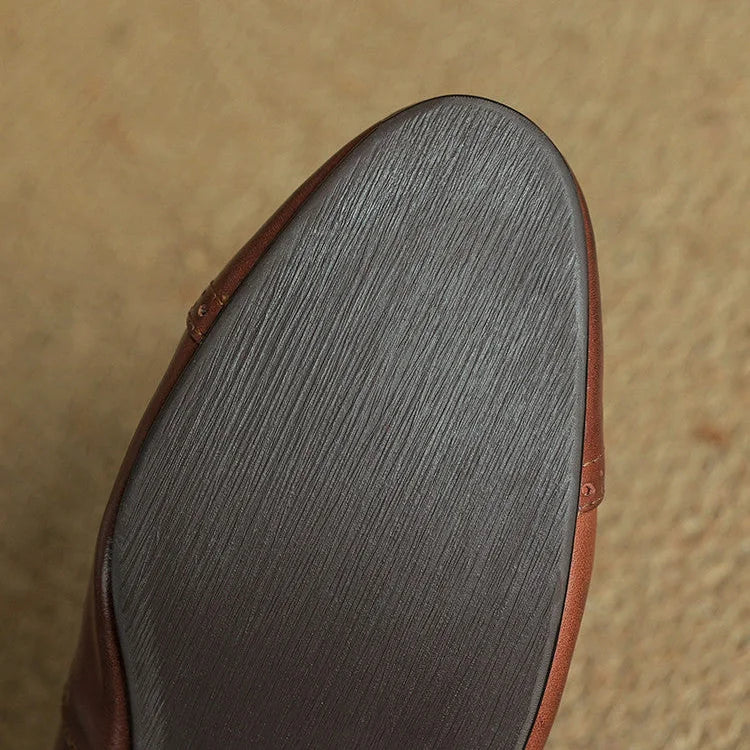 Brown Women's T-Strap Mary Leather Flats — Hannah Buckle Cap-Toe - Close Up Sole Detail