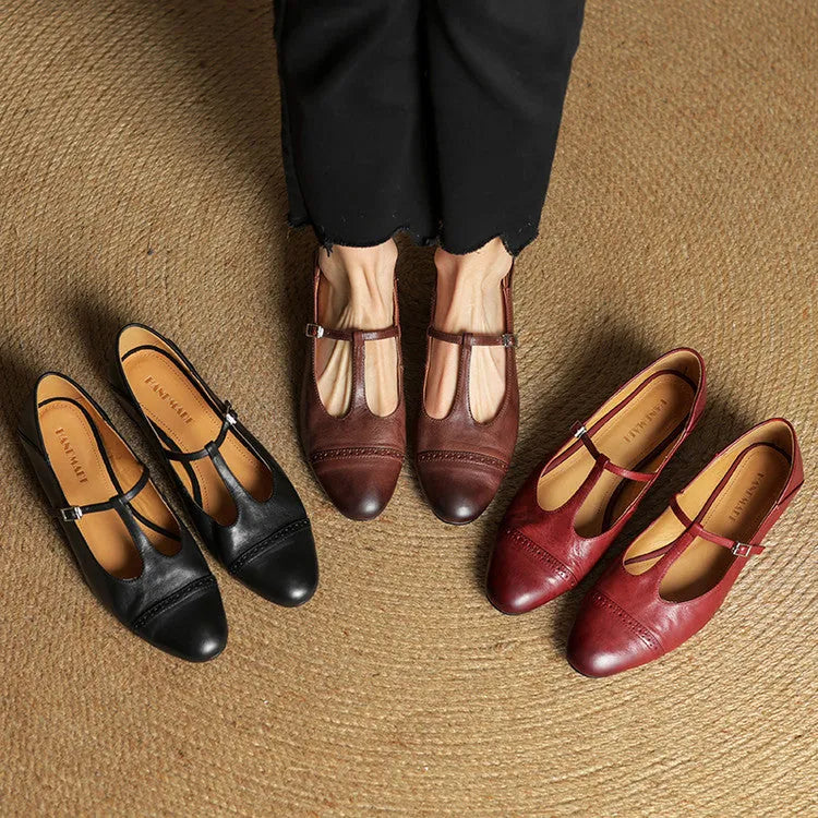 Multicolor Women's T-Strap Mary Leather Flats — Hannah Buckle Cap-Toe - Three Color Comparison Worn