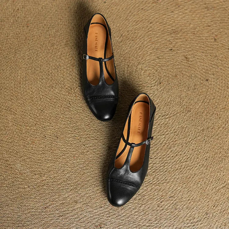 Women's T-Strap Mary Leather Flats — Hannah Buckle Cap-Toe