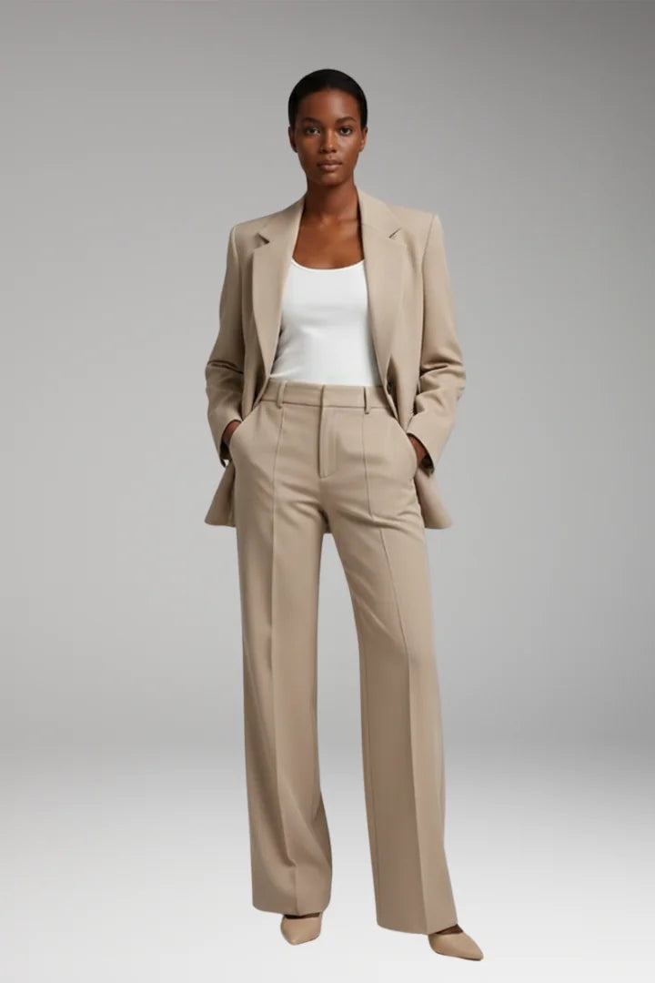 Beige Women's Two-Piece Set with Blazer and Straight-Leg Trousers — Jenna Twill - Front View