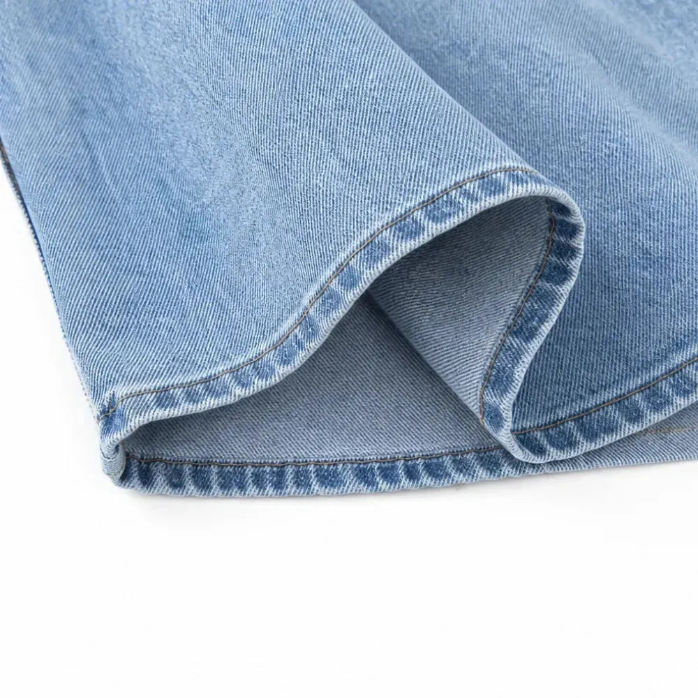 Light Blue Women's Tiered Denim Maxi Skirt — Violetta Light-Wash Button-Front High-Waisted - Fabric Fold Detail