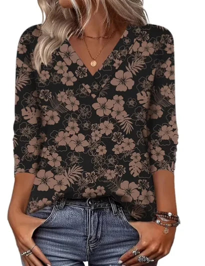 Black Women's V-Neck Tunic Top — Tia Three-Quarter Sleeve Floral Relaxed - Front Floral