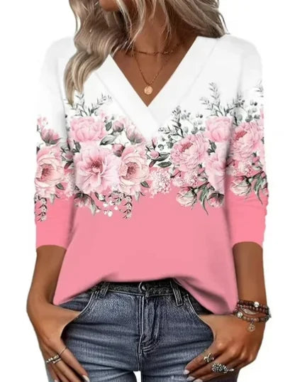 Pink Women's V-Neck Tunic Top — Tia Three-Quarter Sleeve Floral Relaxed - Front Floral