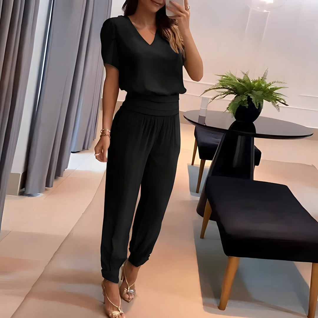 Black Women's V-Neck Two-Piece Set — Scarlett Wide-Leg Short Sleeve Relaxed Fit - Worn Lifestyle