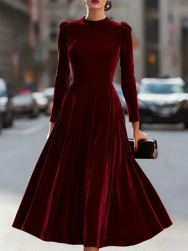 Burgundy Women's Velvet Maxi Dress with Puff Sleeves & Relaxed Flare