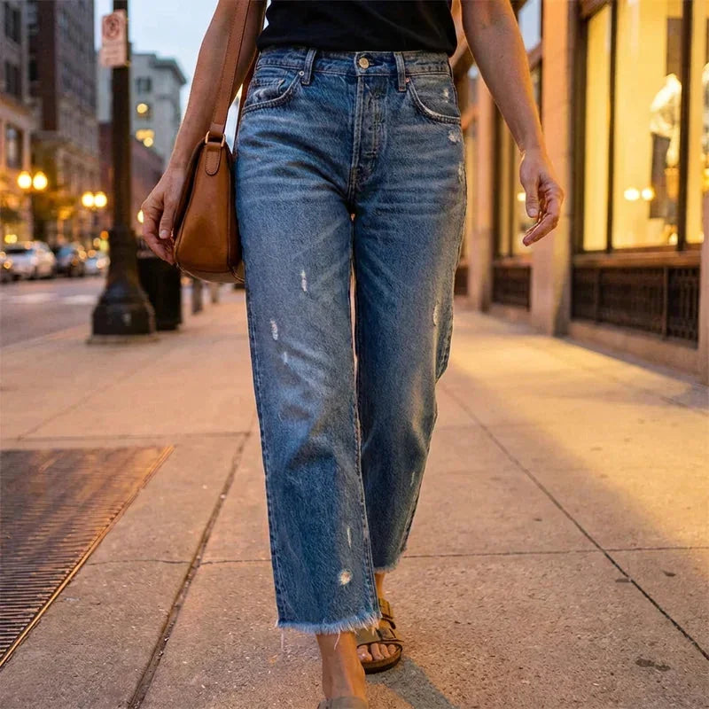 Blue Women's Vintage Cropped Straight Jeans — Martha Button-Fly High-Rise Frayed-Hem - Model Walking