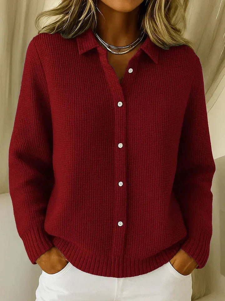 Dark Women's Button-Front Knit Cardigan — Priya Waffle Knit Collared Oversized - Red Front Closeup