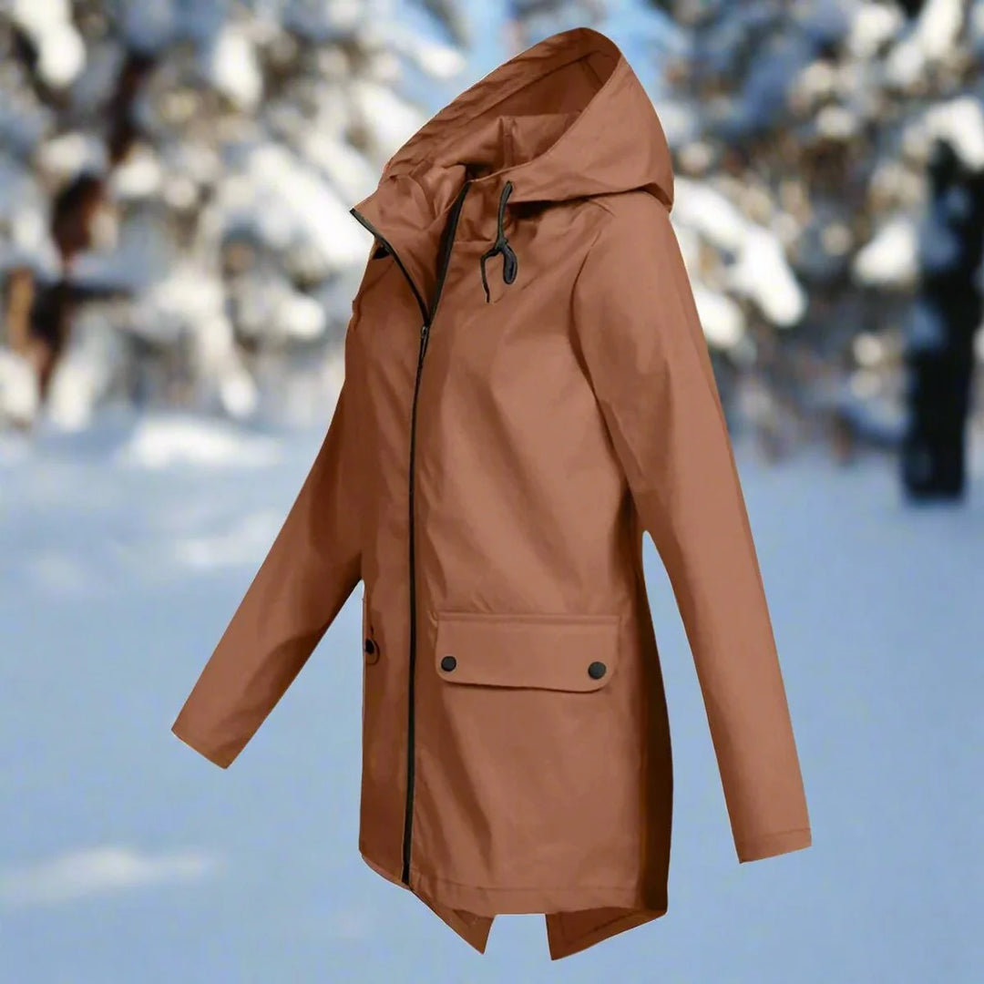 Brown Women's Waterproof Rain Coat — Amara Polyester Hooded Zip-Pocket - Side Profile Pockets
