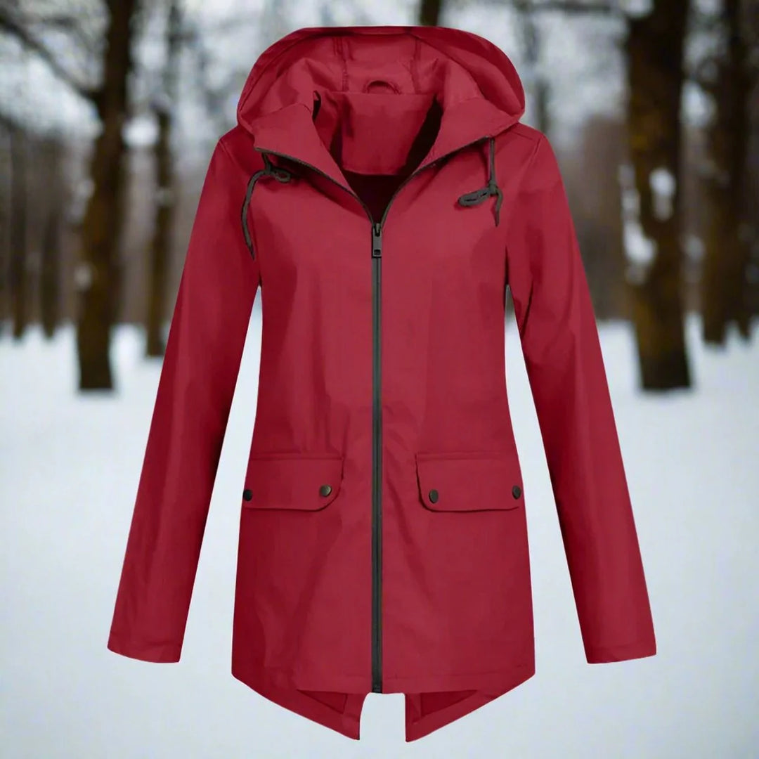 Red Women's Waterproof Rain Coat — Amara Polyester Hooded Zip-Pocket - Front Flat Plain