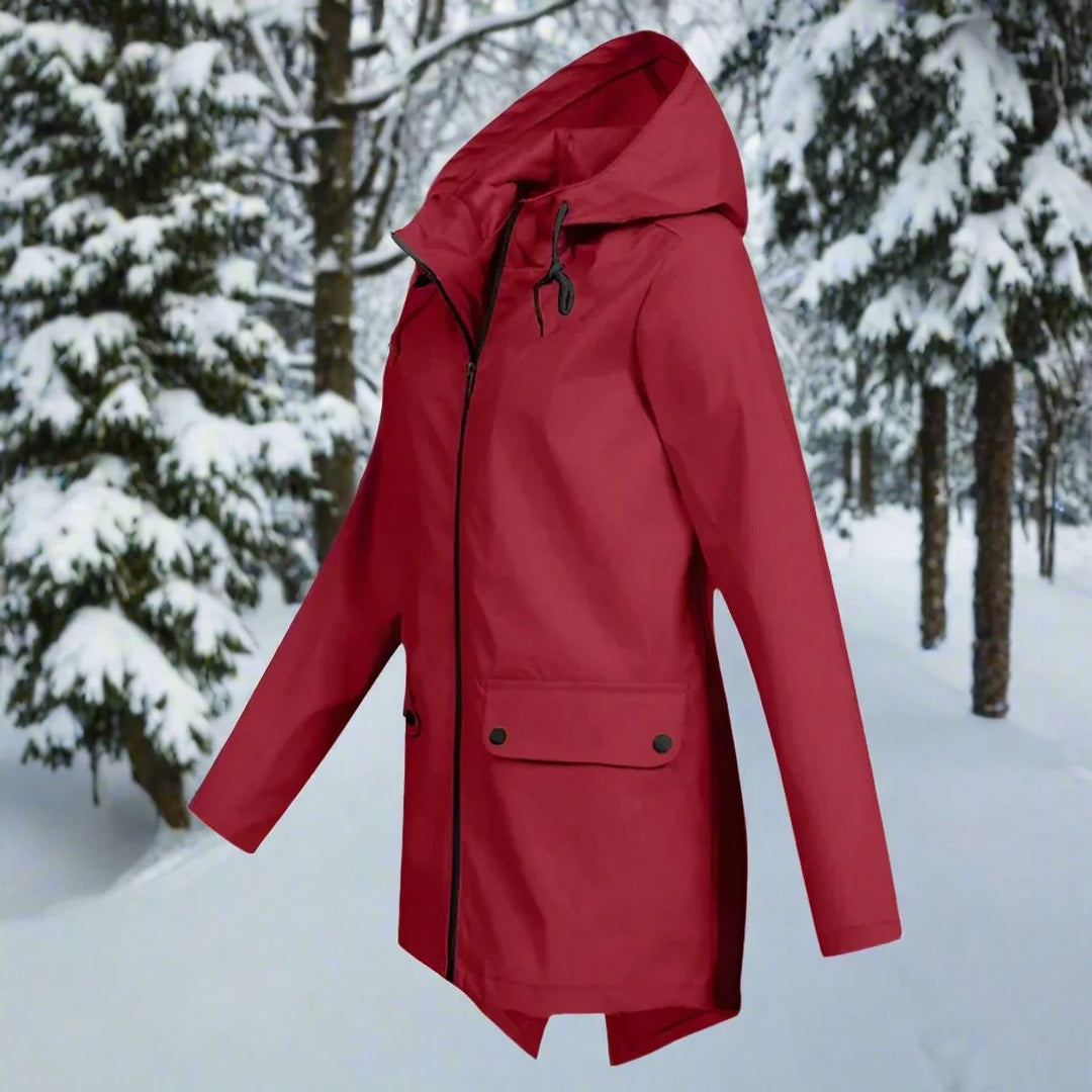 Red Women's Waterproof Rain Coat — Amara Polyester Hooded Zip-Pocket - Side Profile Pine