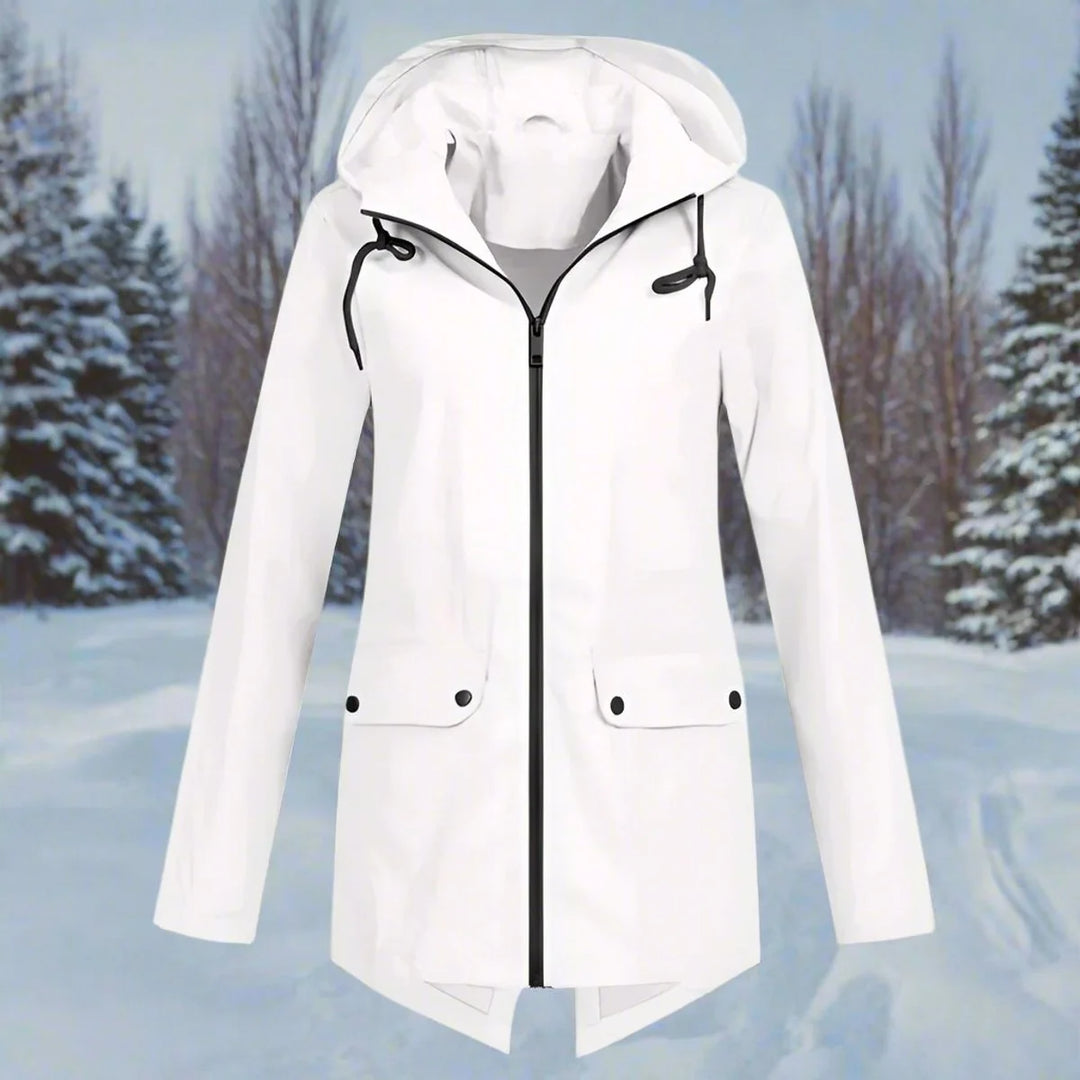 White Women's Waterproof Rain Coat — Amara Polyester Hooded Zip-Pocket - Front Flat Pine