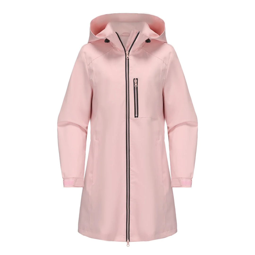 Pink Women's Waterproof Rain Jacket — Quinn Longline Hooded Two-Way Zip - Studio Front