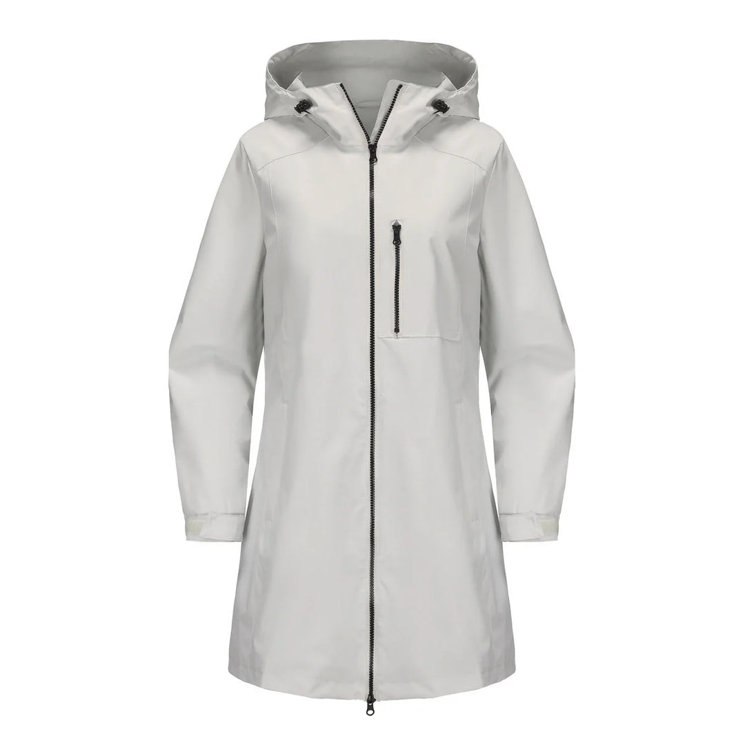 Weigrau Women's Waterproof Rain Jacket — Quinn Longline Hooded Two-Way Zip - Studio White Front
