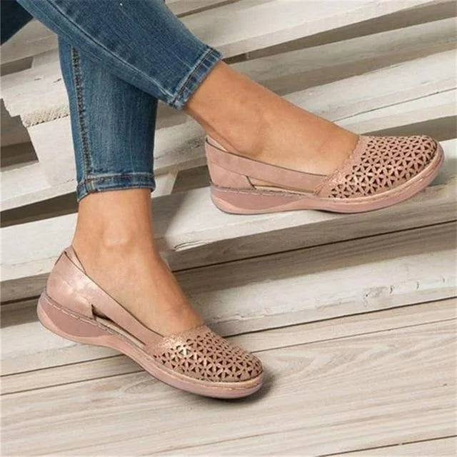 Rose Women's Casual Wedge Flats — Tessa Faux Leather Cut-Out Slip-On - Gold Front Closeup