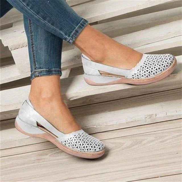 White Women's Casual Wedge Flats — Tessa Faux Leather Cut-Out Slip-On - Side Detail
