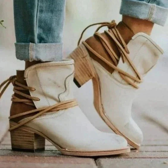 Beige Women's Western Cowboy Boots — Olivia Lace-Up Block Heel Ankle - Front Lace Up Detail