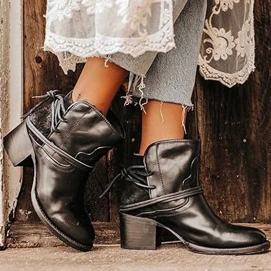 Black Women's Western Cowboy Boots — Olivia Lace-Up Block Heel Ankle - Side Worn Doorway