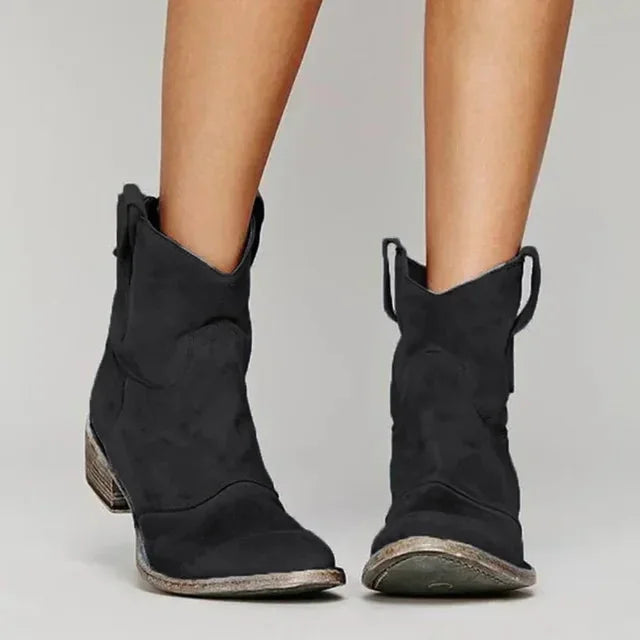 Black Women's Western Cowboy Boots — Yara Cushioned Block Heel Pull-Tabs - Front Studio