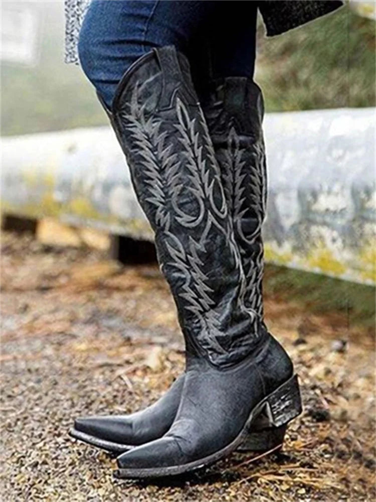 Black Women's Vintage Western Cowboy Embroidered Knee-High Boots — Selene Zip-Up Pointed-Toe - Side Close Up