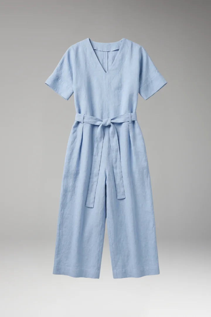 S Women's V-Neck Wide-Leg Jumpsuit — Severine Relaxed Tie-Waist Cropped - Flat Lay