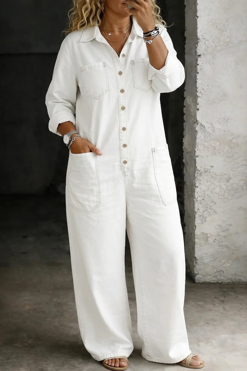 White Women's Wide-Leg Denim Jumpsuit — Joy Faded-Wash Button-Front Utility - Front Crop Phone Pose