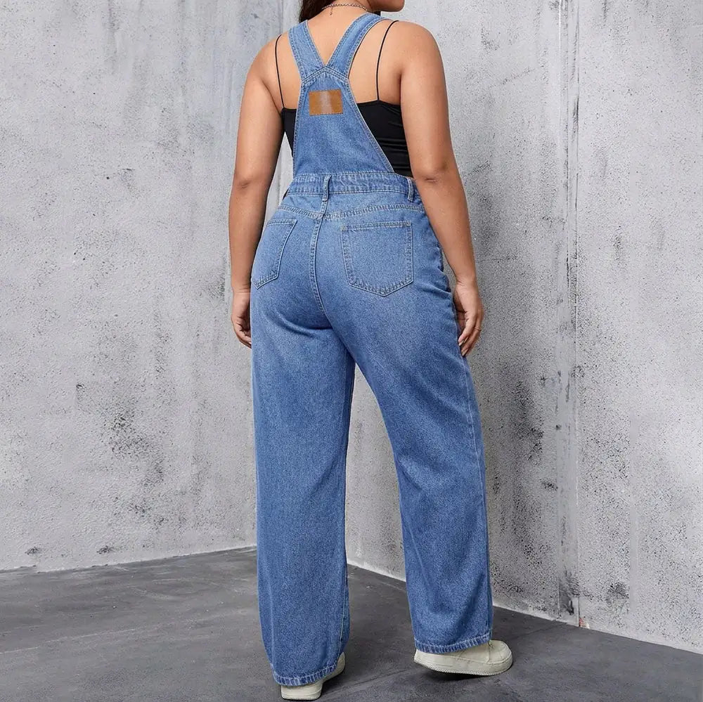 Blue Women's Wide-Leg Denim Overalls — Zelda Relaxed-Fit Adjustable Pockets - Back Full