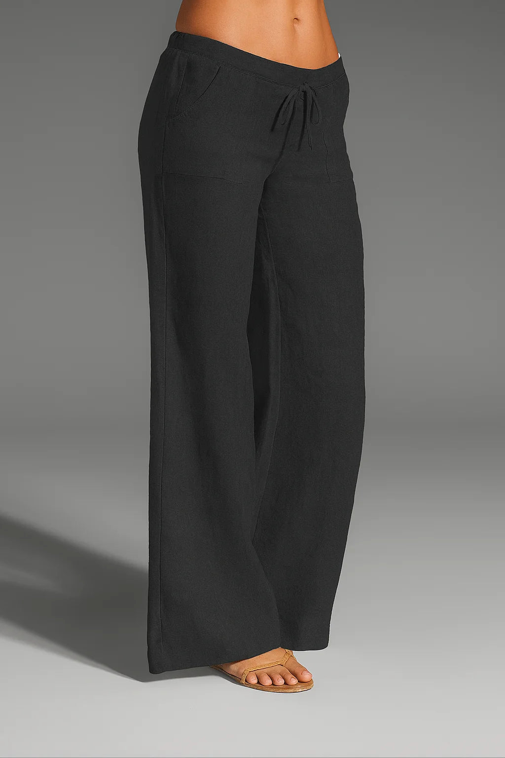 Gray Women's Wide Leg Linen Trousers — Abby Drawstring Breathable - Side Detail