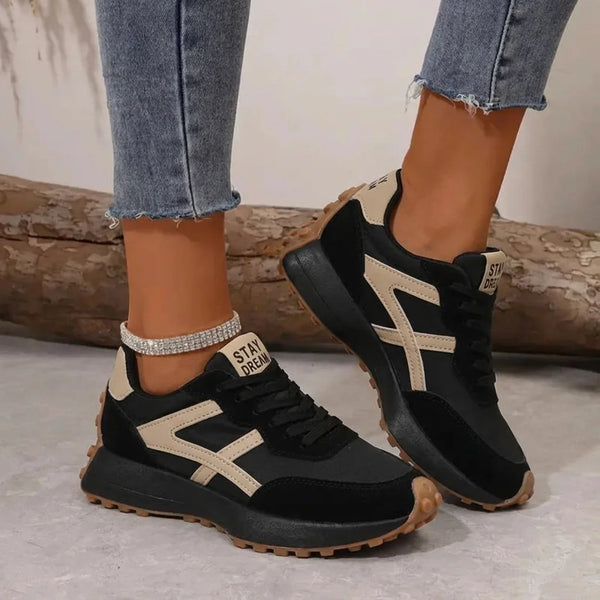 Black Women's Comfort Sneakers with Lace-Up Design & Cushioned Sole - Beige Side Pose Worn