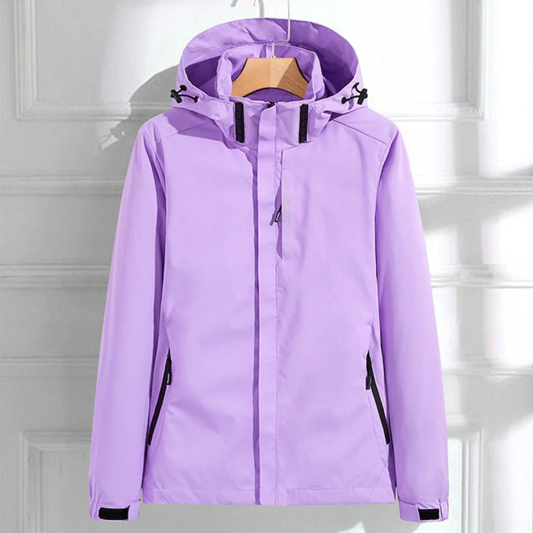 Purple Women's Waterproof Rain Jacket — Hermione Detachable Hood Adjustable Fit - Front Full Doorway