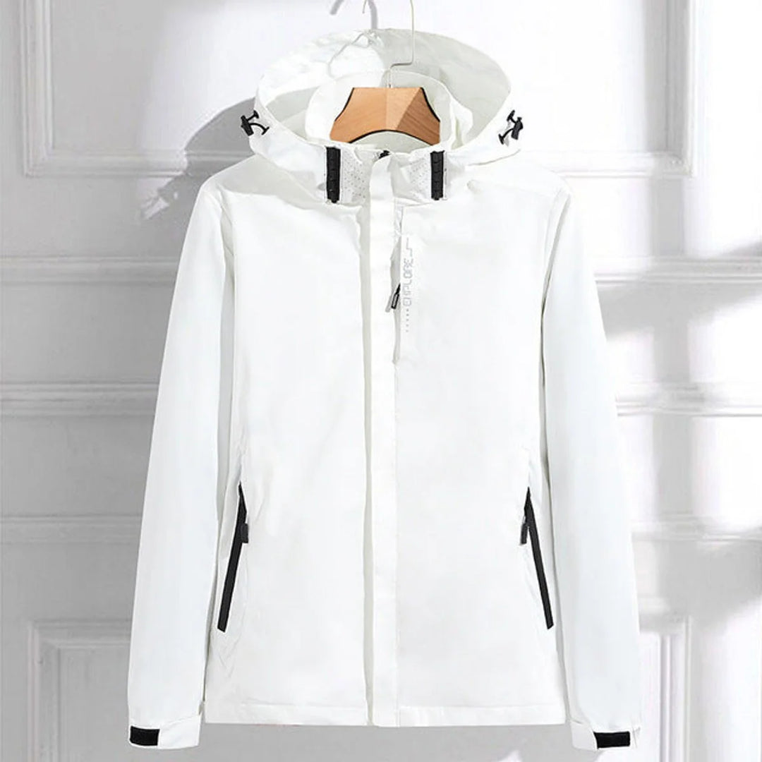 White Women's Waterproof Rain Jacket — Hermione Detachable Hood Adjustable Fit - Front Full Daylight