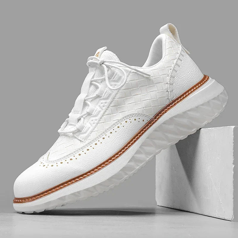 White Men's Casual Woven Leather Sneaker — Lillian Lace-Up Wingtip Brogue - Studio Front Elevated